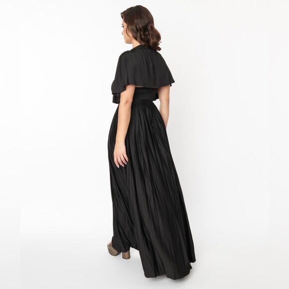 Unique Vintage Smak Parlour 1970s Black Pleated Cape Maxi Dress, NWT, Size M - Picture 2 of 2